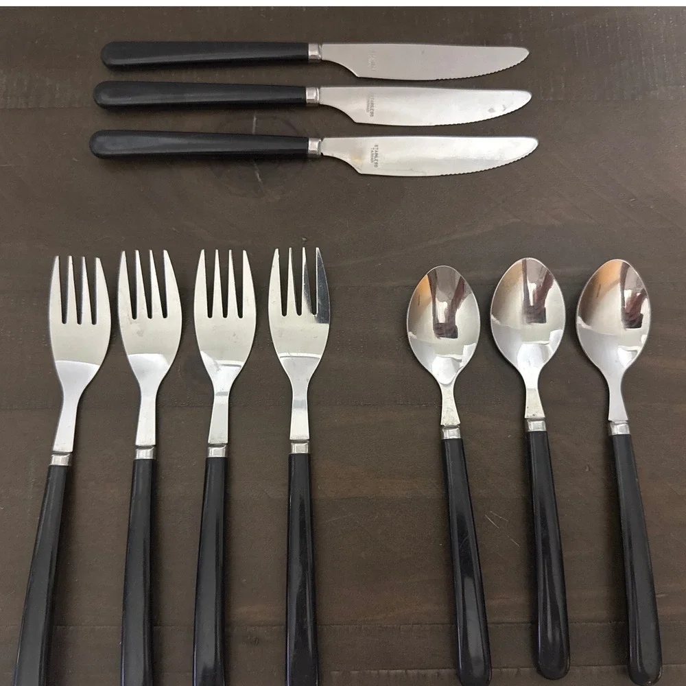 Vintage MCM Black Handle Flatware Set 10pc Stainless Taiwan Forks Knives Spoons
